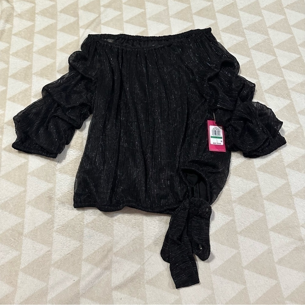 Guess off the shoulder metallic balloon sleeve ruffle blouse top